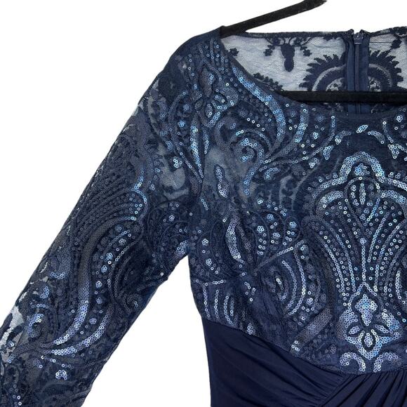 Eliza J Navy Blue Draped Sleeve Sequin Gown Formal Dress - Picture 4 of 9